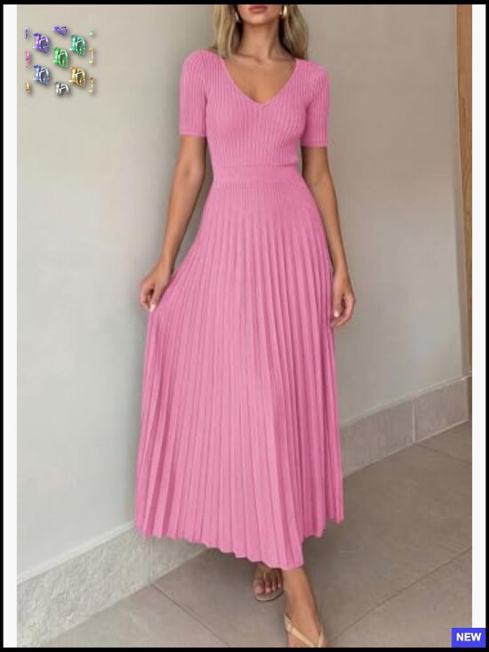 Ribbed Knit Midi Sweater Dress V-Neck A-Line Pleated Summer Casual - Picture 3 of 7